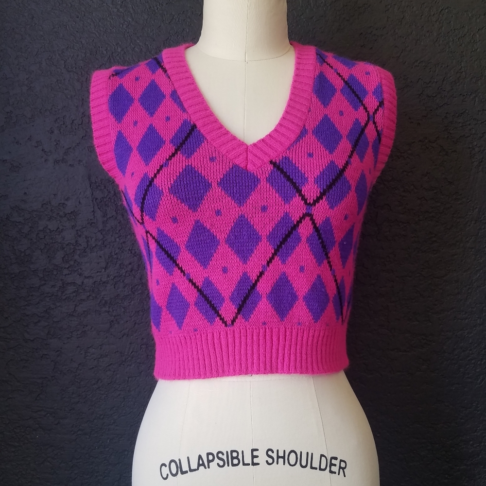 Vintage 80s neon-pink argyle sweater-vest